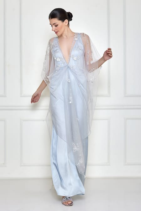 Dilnaz_White Cotton Satin Embroidered Thread Kaftan And Floral Sheer With _Online_at_Aza_Fashions