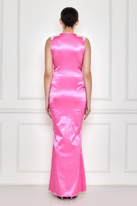 Shop_Dilnaz_Pink Satin Diamonds, Stones Plunge Neck Ruched Gown _at_Aza_Fashions