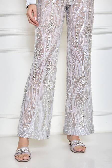 Buy Dilnaz Grey Net Embellished Jewel Sheer Pant Online at Aza Fashions Buy_Dilnaz_Grey Net Embellished Jewel Sheer Pant _Online_at_Aza_Fashions