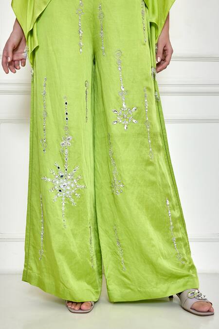 Dilnaz_Green Satin Linen Embellished Jewel Mirrorwork Snowflake Pant _Online_at_Aza_Fashions