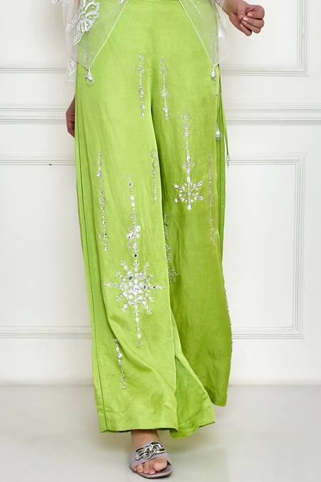 Buy_Dilnaz_Green Satin Linen Embellished Jewel Mirrorwork Snowflake Pant _Online_at_Aza_Fashions