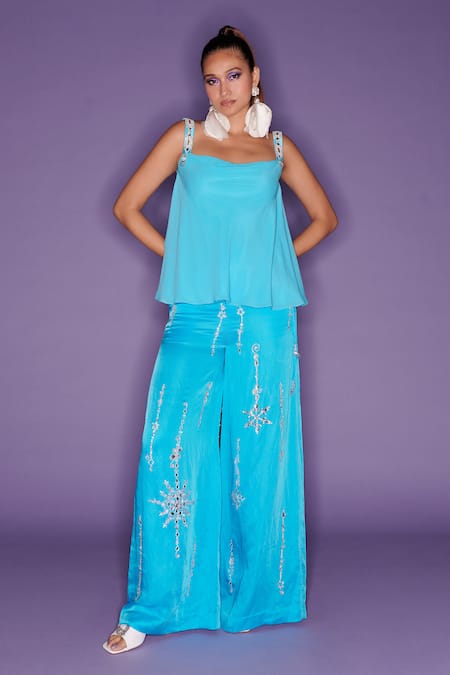 DILNAZ Sky Blue Georgette Embroidered Sequin Embellished Straps Camisole  