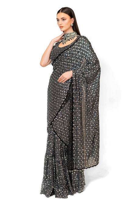 Buy_Rabani & Rakha_Black Georgette Sequins, Sairaa Floral Jaal Embroidered Saree With Blouse _Online_at_Aza_Fashions