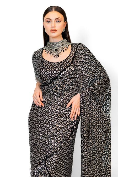 Rabani & Rakha_Black Georgette Sequins, Sairaa Floral Jaal Embroidered Saree With Blouse _at_Aza_Fashions