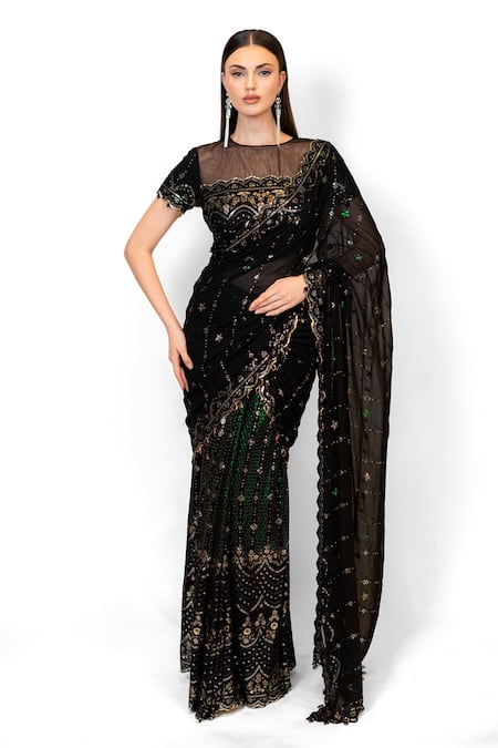 Rabani & Rakha Pre-Stitched Sequin Embroidered Saree With Blouse 