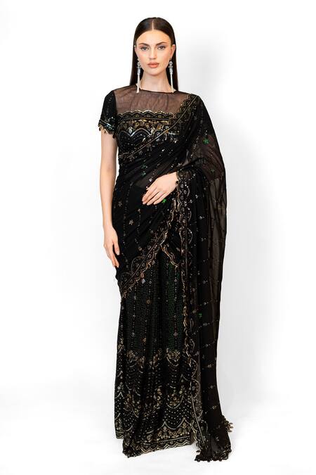 Rabani & Rakha Black Georgette Sequins, Crystals Pre-stitched Embroidered Saree With Blouse Online at Aza Fashions Rabani & Rakha_Black Georgette Sequins, Crystals Pre-stitched Embroidered Saree With Blouse _Online_at_Aza_Fashions