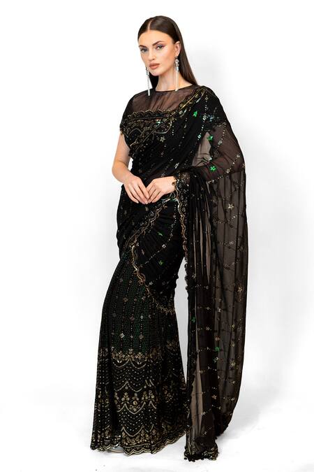 Buy Rabani & Rakha Black Georgette Sequins, Crystals Pre-stitched Embroidered Saree With Blouse Online at Aza Fashions Buy_Rabani & Rakha_Black Georgette Sequins, Crystals Pre-stitched Embroidered Saree With Blouse _Online_at_Aza_Fashions