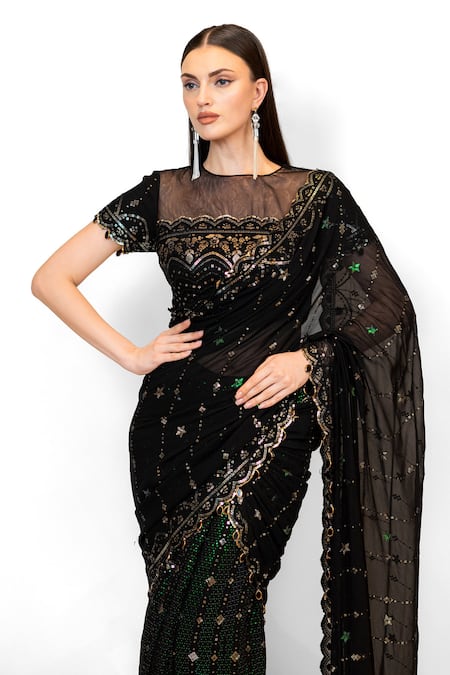 Shop Rabani & Rakha Black Georgette Sequins, Crystals Pre-stitched Embroidered Saree With Blouse Online at Aza Fashions Shop_Rabani & Rakha_Black Georgette Sequins, Crystals Pre-stitched Embroidered Saree With Blouse _Online_at_Aza_Fashions