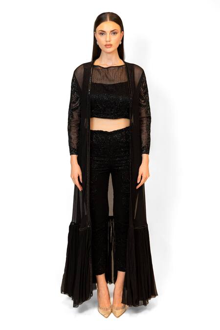 Rabani & Rakha_Black Net, Chiffon Sequins, Cut Work Boat Neck, Open Embroidered Jacket Pant Set _Online_at_Aza_Fashions