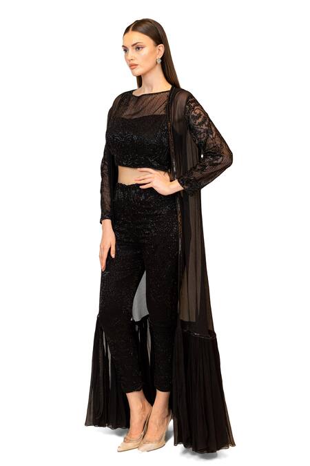 Buy_Rabani & Rakha_Black Net, Chiffon Sequins, Cut Work Boat Neck, Open Embroidered Jacket Pant Set _Online_at_Aza_Fashions