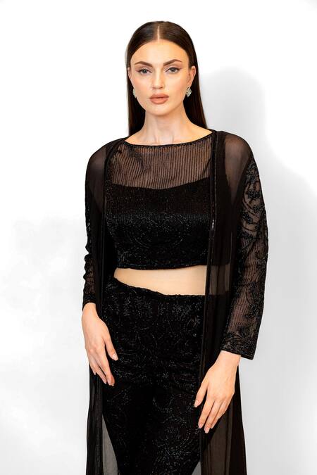 Shop_Rabani & Rakha_Black Net, Chiffon Sequins, Cut Work Boat Neck, Open Embroidered Jacket Pant Set _Online_at_Aza_Fashions