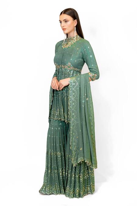 Rabani & Rakha_Green Sequins, Crystals High Neck Rrhea Peplum Embroidered Kurta Gharara Set _Online_at_Aza_Fashions