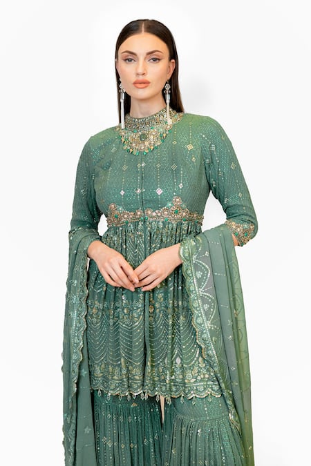Buy_Rabani & Rakha_Green Sequins, Crystals High Neck Rrhea Peplum Embroidered Kurta Gharara Set _Online_at_Aza_Fashions