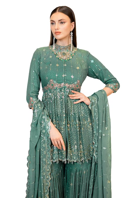 Shop_Rabani & Rakha_Green Sequins, Crystals High Neck Rrhea Peplum Embroidered Kurta Gharara Set _Online_at_Aza_Fashions