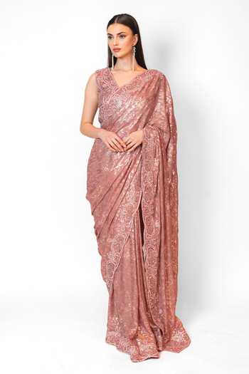 Rabani & Rakha_Pink Georgette, Gingham Sequins, Embroidery Zaynab Work Saree With Blouse _Online_at_Aza_Fashions