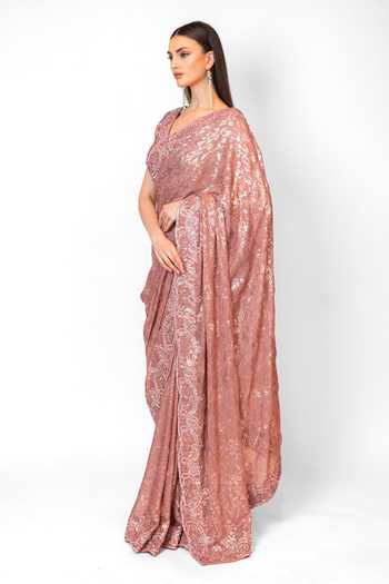 Buy_Rabani & Rakha_Pink Georgette, Gingham Sequins, Embroidery Zaynab Work Saree With Blouse _Online_at_Aza_Fashions