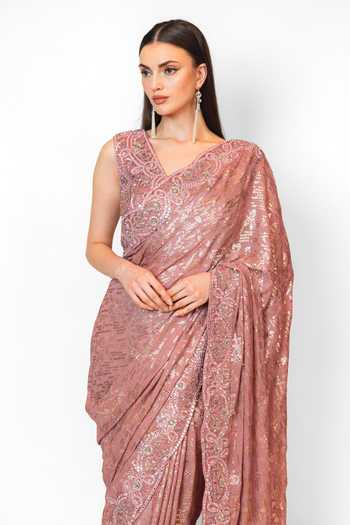 Shop_Rabani & Rakha_Pink Georgette, Gingham Sequins, Embroidery Zaynab Work Saree With Blouse _Online_at_Aza_Fashions