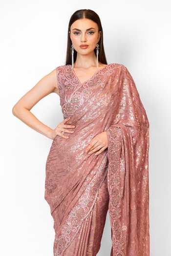 Rabani & Rakha_Pink Georgette, Gingham Sequins, Embroidery Zaynab Work Saree With Blouse _at_Aza_Fashions