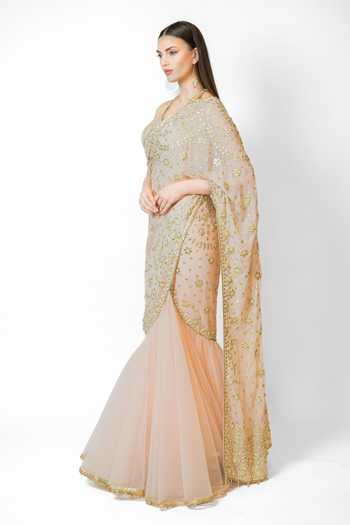 Rabani & Rakha_Pink Net Sequins, Cut Work V-neck Floral Embroidered Lehenga Saree With Blouse _Online_at_Aza_Fashions