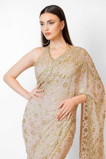 Buy_Rabani & Rakha_Pink Net Sequins, Cut Work V-neck Floral Embroidered Lehenga Saree With Blouse _Online_at_Aza_Fashions