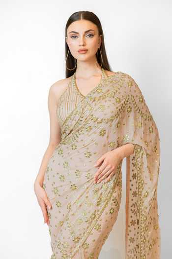 Shop_Rabani & Rakha_Pink Net Sequins, Cut Work V-neck Floral Embroidered Lehenga Saree With Blouse _Online_at_Aza_Fashions