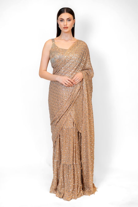 Rabani & Rakha Pre-Stitched Sequin Jaal Embroidered Saree With Blouse 