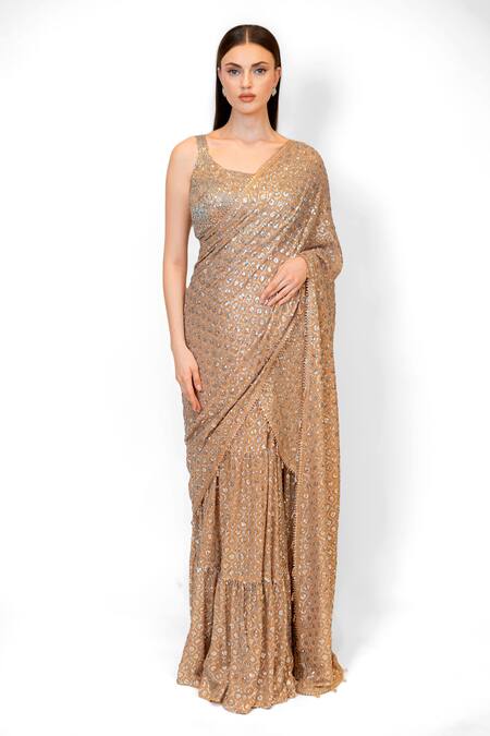 Rabani & Rakha_Gold Georgette Sequins, Pearls, Pre-stitched Jaal Embroidered Saree With Blouse _Online_at_Aza_Fashions