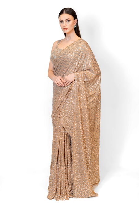 Buy_Rabani & Rakha_Gold Georgette Sequins, Pearls, Pre-stitched Jaal Embroidered Saree With Blouse _Online_at_Aza_Fashions
