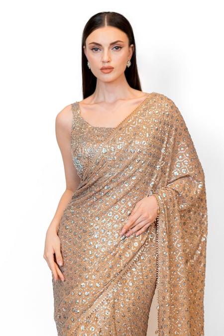 Shop_Rabani & Rakha_Gold Georgette Sequins, Pearls, Pre-stitched Jaal Embroidered Saree With Blouse _Online_at_Aza_Fashions