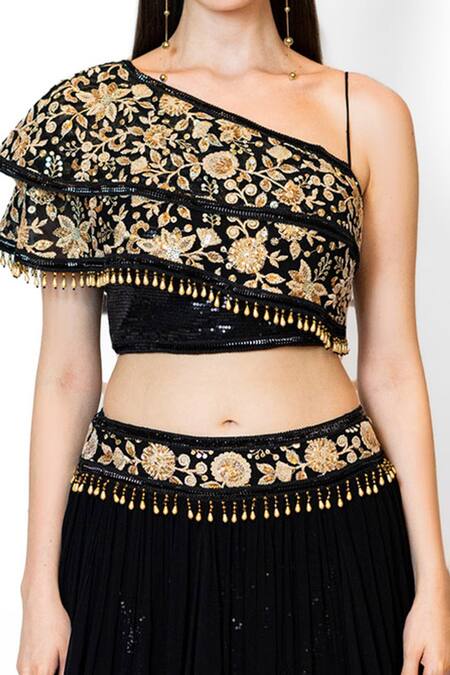 Rabani & Rakha_Black Georgette Embroidery, Crystals Nadia Floral Zari Blouse With Lehenga _Online_at_Aza_Fashions