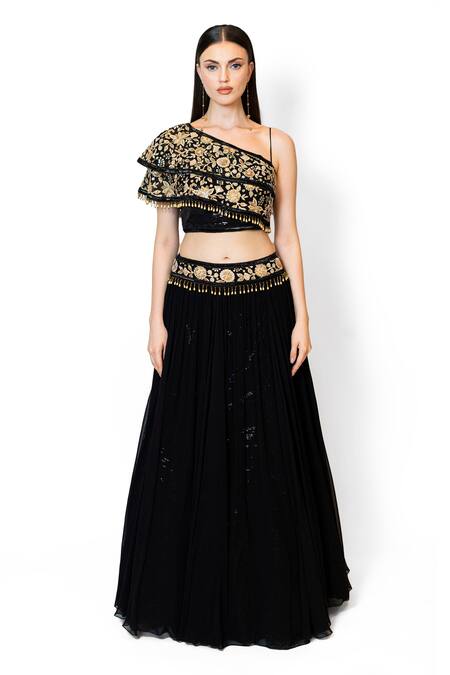 Buy_Rabani & Rakha_Black Georgette Embroidery, Crystals Nadia Floral Zari Blouse With Lehenga _Online_at_Aza_Fashions