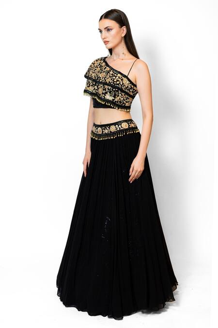 Shop_Rabani & Rakha_Black Georgette Embroidery, Crystals Nadia Floral Zari Blouse With Lehenga _Online_at_Aza_Fashions
