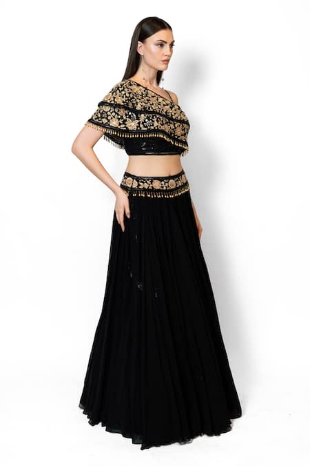 Rabani & Rakha_Black Georgette Embroidery, Crystals Nadia Floral Zari Blouse With Lehenga _at_Aza_Fashions
