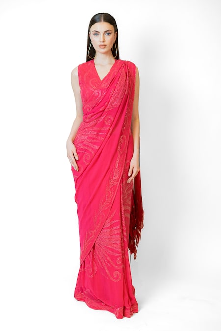 Rabani & Rakha Swirl Sequin Embroidered Saree With Blouse 