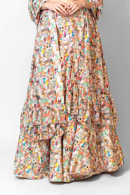 Rabani & Rakha_Ivory Net, Silk Sequins, Embroidery Scoop Neck Nadia Rajputana Print Lehenga Set _Online_at_Aza_Fashions