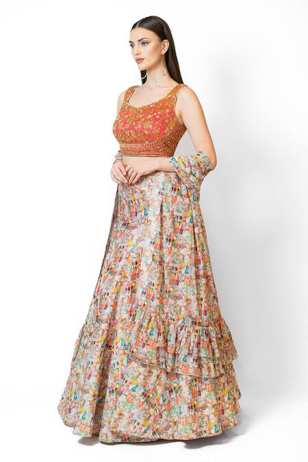 Rabani & Rakha_Ivory Net, Silk Sequins, Embroidery Scoop Neck Nadia Rajputana Print Lehenga Set _at_Aza_Fashions
