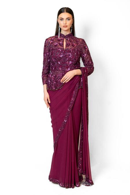 Rabani & Rakha_Wine Chiffon, Net Sequins, Cut Pre-draped Saree With Floral Embroidered Jacket _Online_at_Aza_Fashions