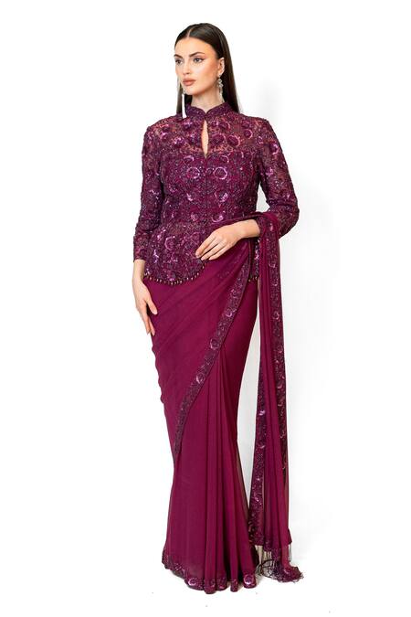 Buy_Rabani & Rakha_Wine Chiffon, Net Sequins, Cut Pre-draped Saree With Floral Embroidered Jacket _Online_at_Aza_Fashions