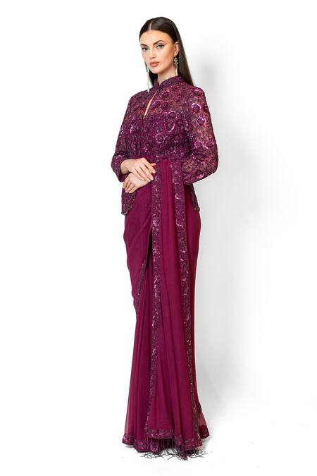 Shop_Rabani & Rakha_Wine Chiffon, Net Sequins, Cut Pre-draped Saree With Floral Embroidered Jacket _Online_at_Aza_Fashions
