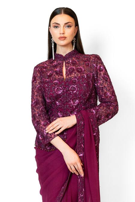 Rabani & Rakha_Wine Chiffon, Net Sequins, Cut Pre-draped Saree With Floral Embroidered Jacket _at_Aza_Fashions