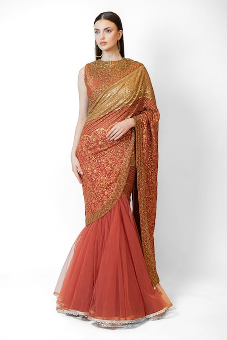 Rabani & Rakha Floral Cluster Embroidered Lehenga Saree With Blouse 