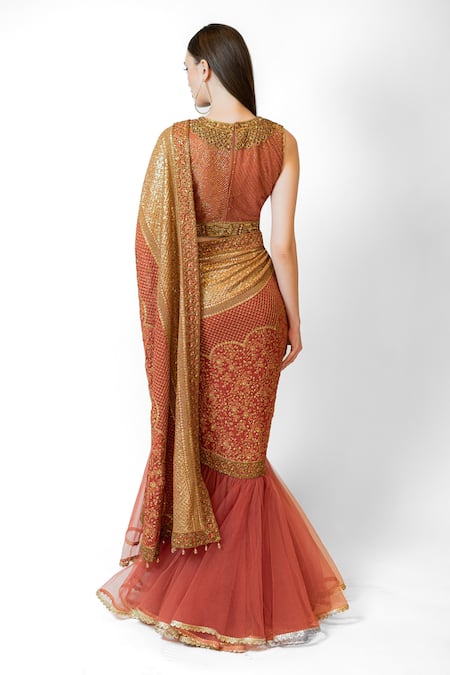 Rabani & Rakha Floral Cluster Embroidered Lehenga Saree With Blouse 