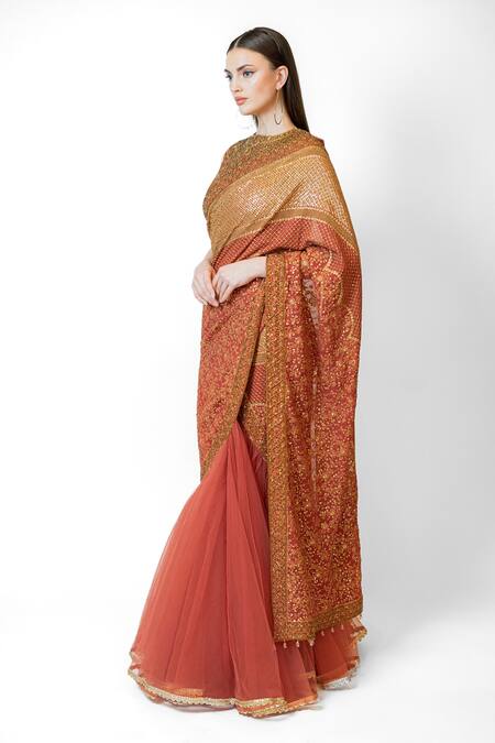 Buy Rabani & Rakha Red Net, Georgette Sequins, Floral Cluster Embroidered Lehenga Saree With Blouse Online at Aza Fashions Buy_Rabani & Rakha_Red Net, Georgette Sequins, Floral Cluster Embroidered Lehenga Saree With Blouse _Online_at_Aza_Fashions