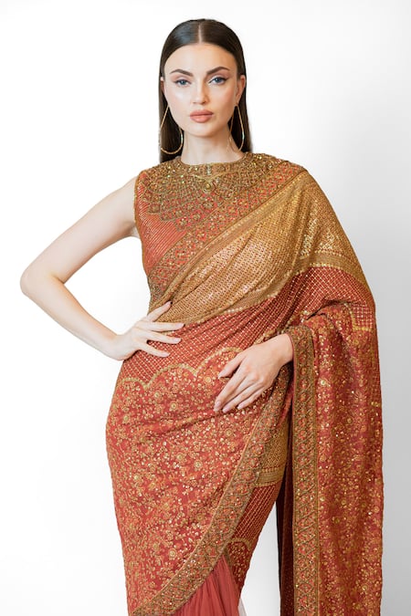 Shop Rabani & Rakha Red Net, Georgette Sequins, Floral Cluster Embroidered Lehenga Saree With Blouse Online at Aza Fashions Shop_Rabani & Rakha_Red Net, Georgette Sequins, Floral Cluster Embroidered Lehenga Saree With Blouse _Online_at_Aza_Fashions