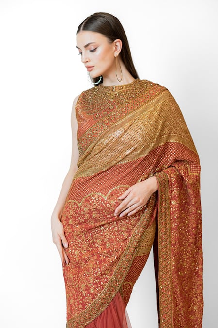 Rabani & Rakha Red Net, Georgette Sequins, Floral Cluster Embroidered Lehenga Saree With Blouse at Aza Fashions Rabani & Rakha_Red Net, Georgette Sequins, Floral Cluster Embroidered Lehenga Saree With Blouse _at_Aza_Fashions