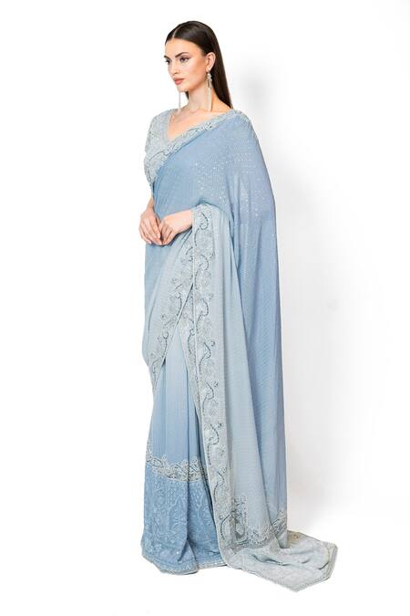 Rabani & Rakha_Blue Georgette Embroidery, Sequins V-neck Ombre Shadded Saree With Blouse _Online_at_Aza_Fashions