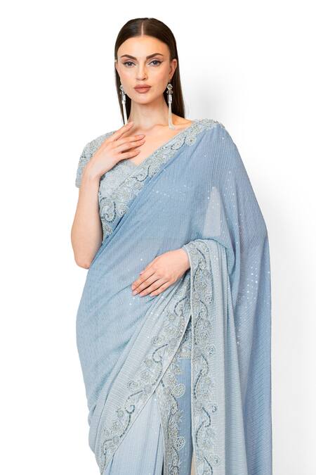 Buy_Rabani & Rakha_Blue Georgette Embroidery, Sequins V-neck Ombre Shadded Saree With Blouse _Online_at_Aza_Fashions