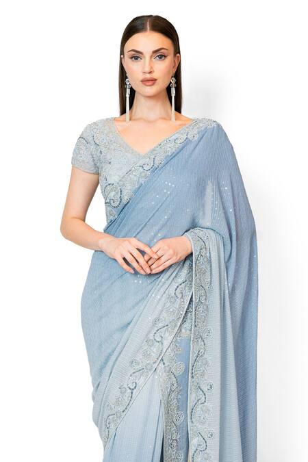 Shop_Rabani & Rakha_Blue Georgette Embroidery, Sequins V-neck Ombre Shadded Saree With Blouse _Online_at_Aza_Fashions