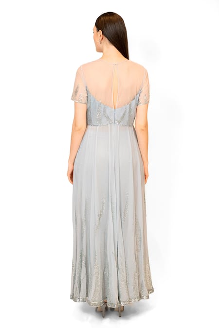 Shop Rabani & Rakha Grey Georgette Sequins Round Neck Front Slit Embroidered Anarkali With Pant at Aza Fashions Shop_Rabani & Rakha_Grey Georgette Sequins Round Neck Front Slit Embroidered Anarkali With Pant _at_Aza_Fashions