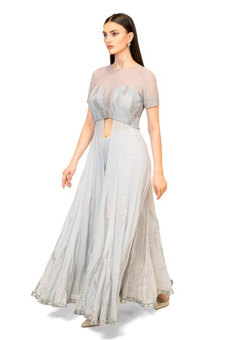 Buy Rabani & Rakha Grey Georgette Sequins Round Neck Front Slit Embroidered Anarkali With Pant Online at Aza Fashions Buy_Rabani & Rakha_Grey Georgette Sequins Round Neck Front Slit Embroidered Anarkali With Pant _Online_at_Aza_Fashions